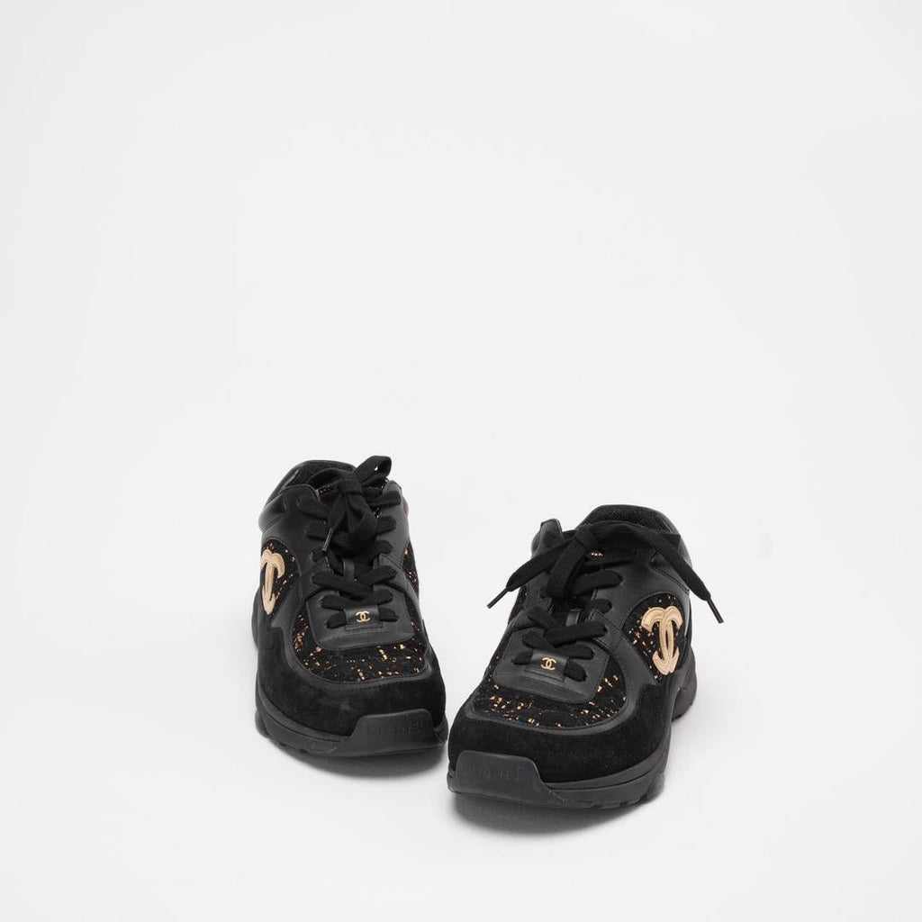 Chanel Black Leather and Suede Lace Up Sneakers 39 ½