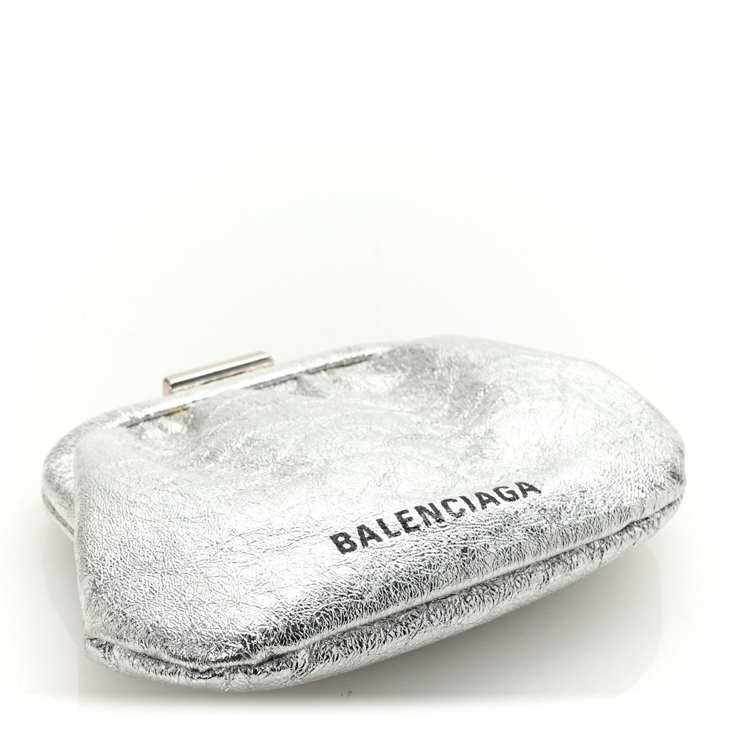Metallic Textured Calfskin Logo Cloud Coin Purse With Strap Silver