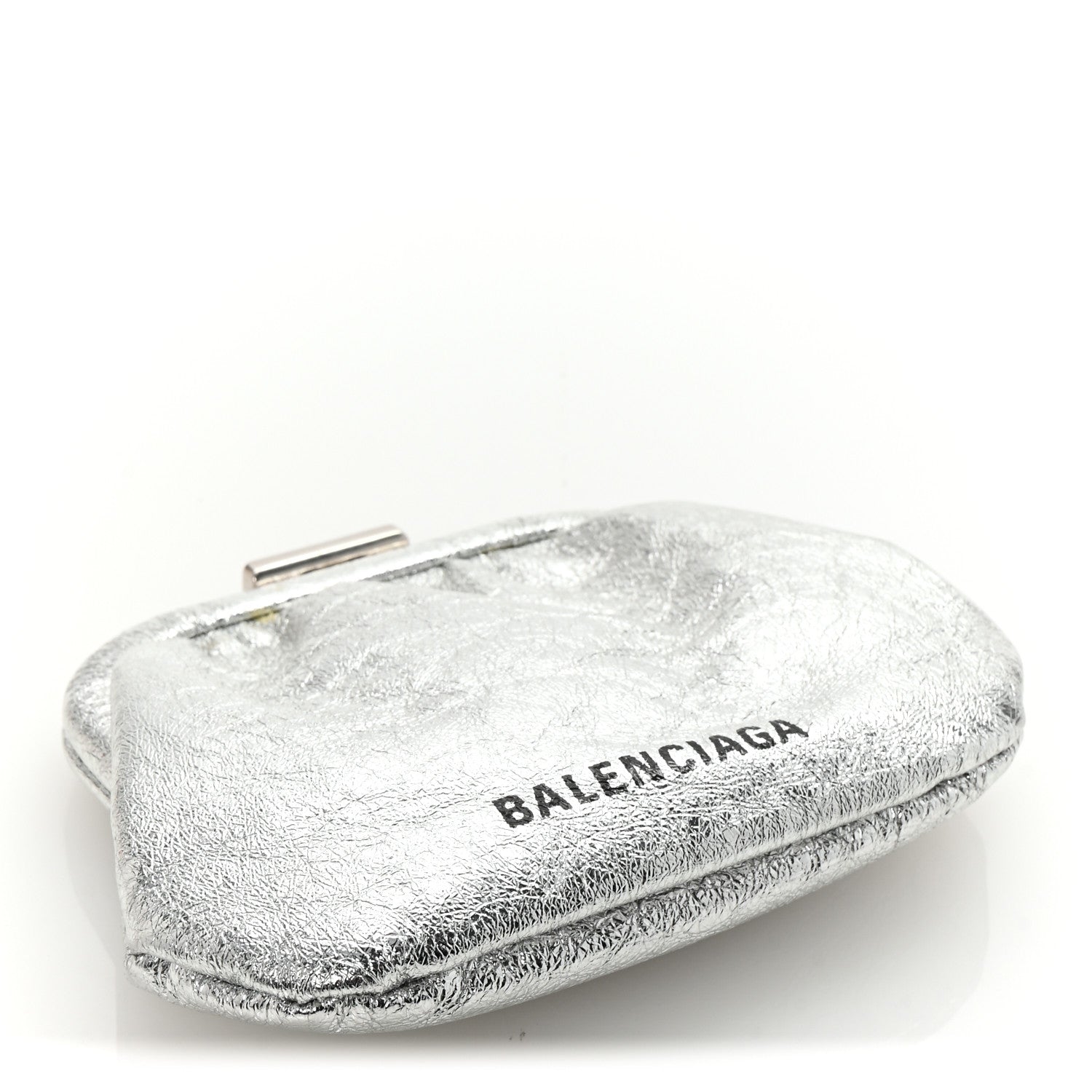 Metallic Textured Calfskin Logo Cloud Coin Purse With Strap Silver