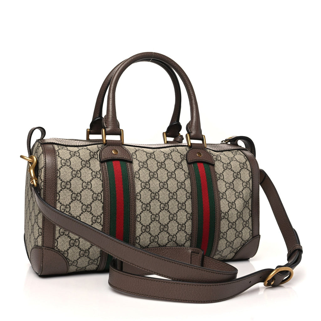 GG Supreme Monogram Textured Dollar Calfskin Web Small Duffle Bag Beige Ebony