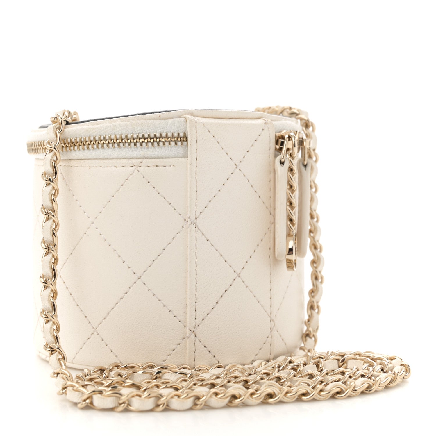 Lambskin Quilted Round Small Vanity Case With Chain White Black
