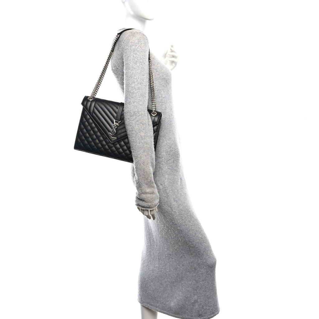Grain De Poudre Textured Mixed Matelasse Large Triquilt Monogram Satchel Black