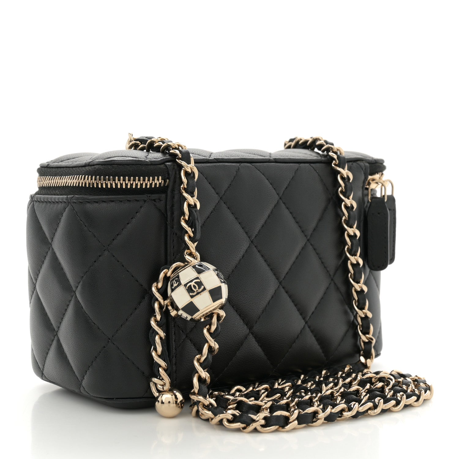 Lambskin Quilted Enamel CC Pearl Crush Small Vanity Case With Chain Black