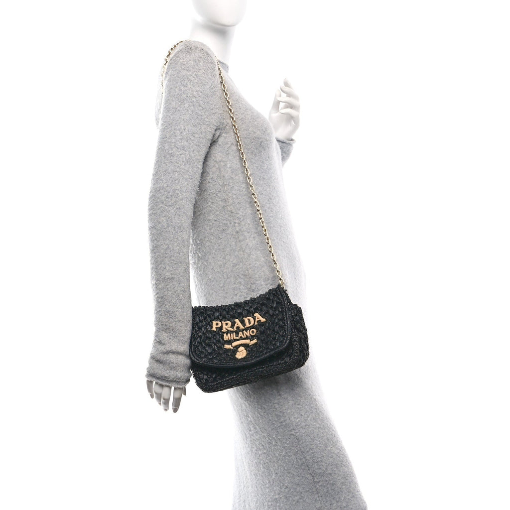 Yarn Raffia Effect Crochet Logo Shoulder Bag Black
