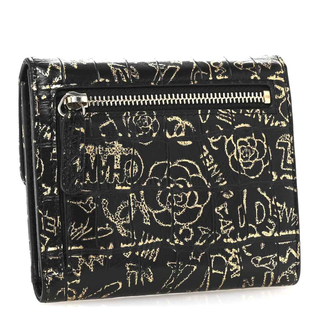 Calfskin Crocodile Embossed Graffiti 2.55 Cocodile Reissue Compact Wallet Black Gold
