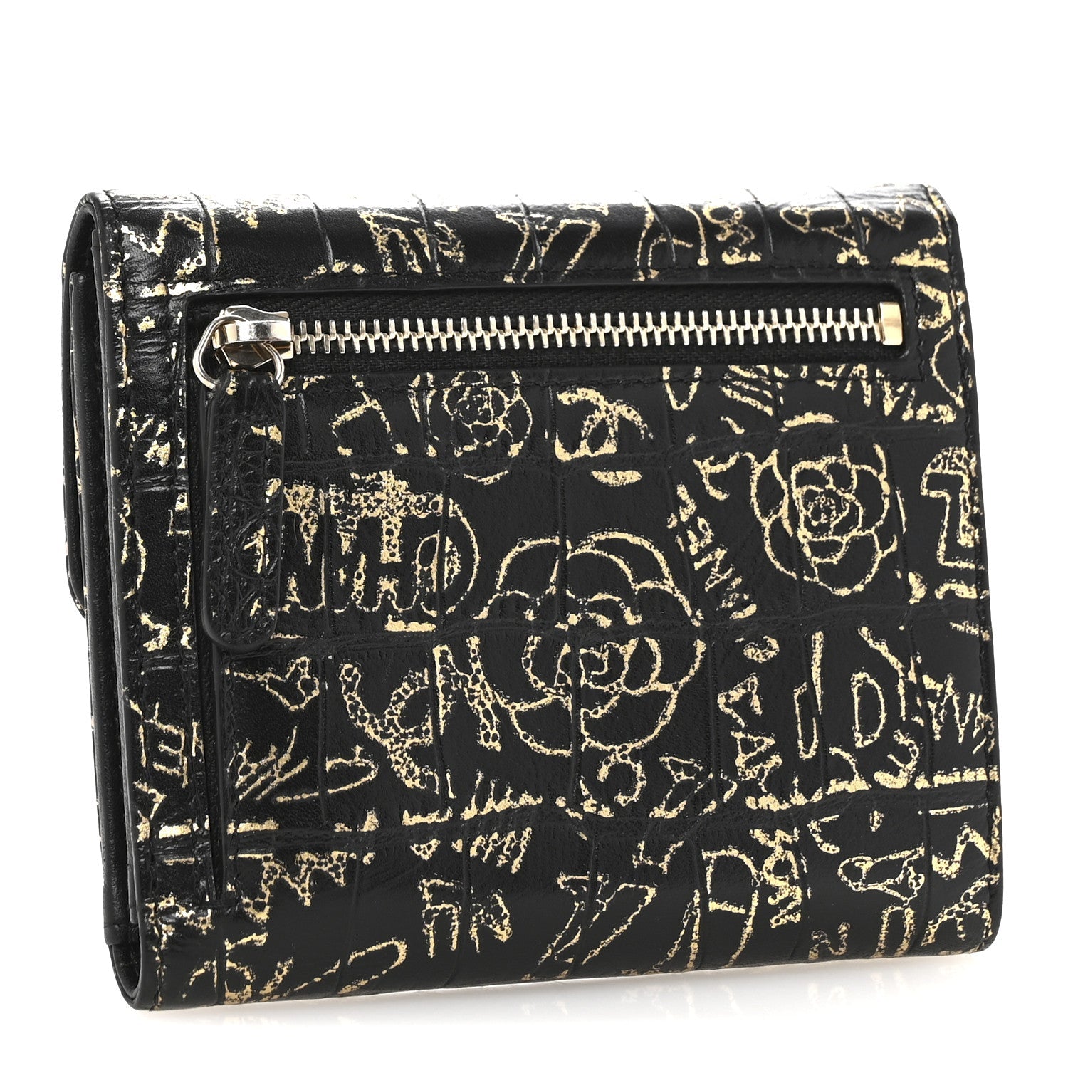 Calfskin Crocodile Embossed Graffiti 2.55 Cocodile Reissue Compact Wallet Black Gold