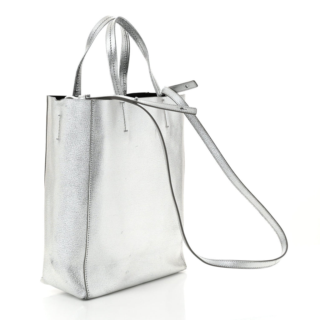 Metallic Grained Calfskin Small Vertical Cabas Silver