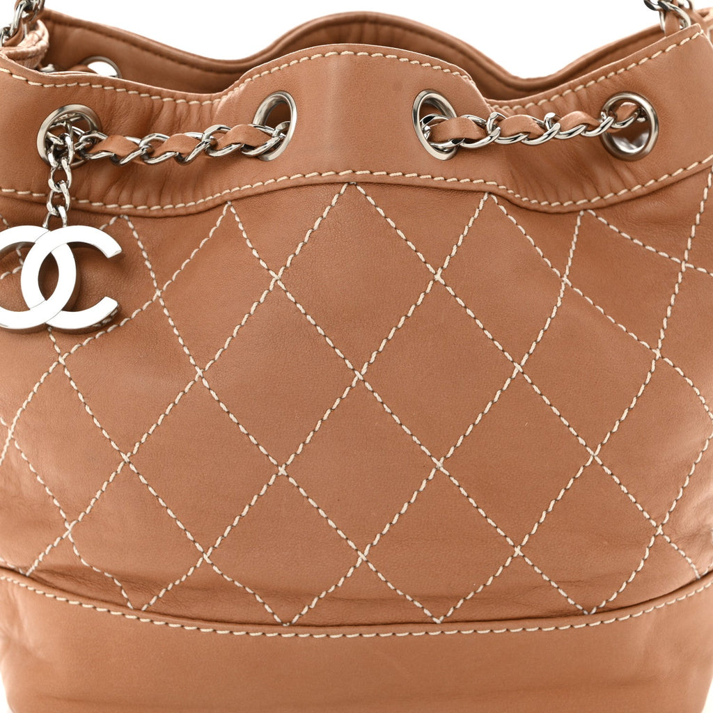 Lambskin Contrast Stitch Small Drawstring Tote Dark Beige