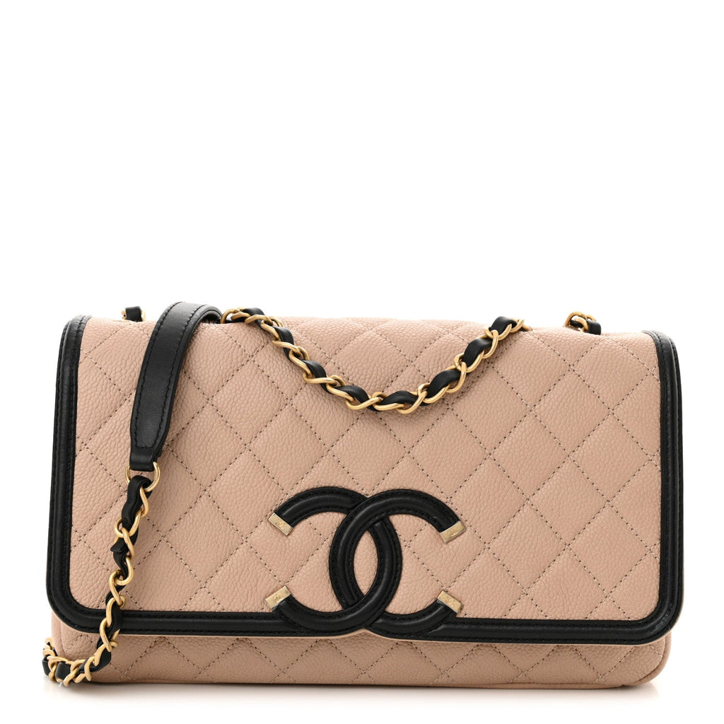 Caviar Quilted Medium CC Filigree Flap Beige Black