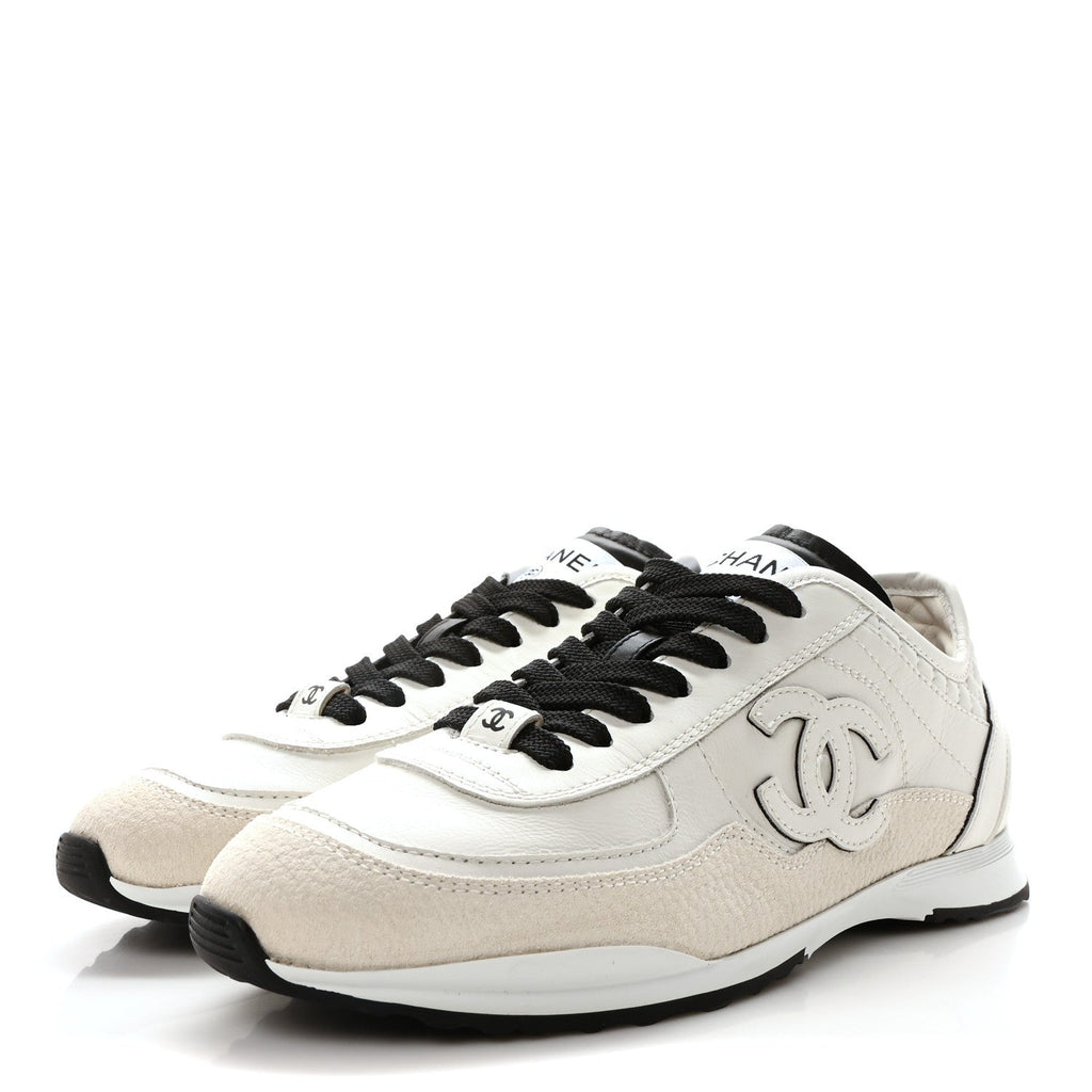 Calfskin Suede CC Womens Sneakers 36 White Black