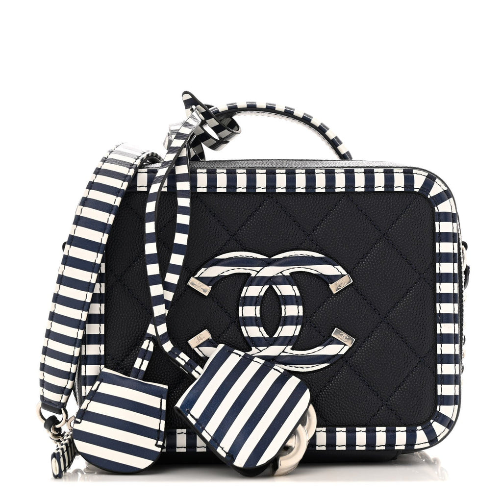 Caviar Quilted Striped Small CC Filigree Vanity Case Navy White