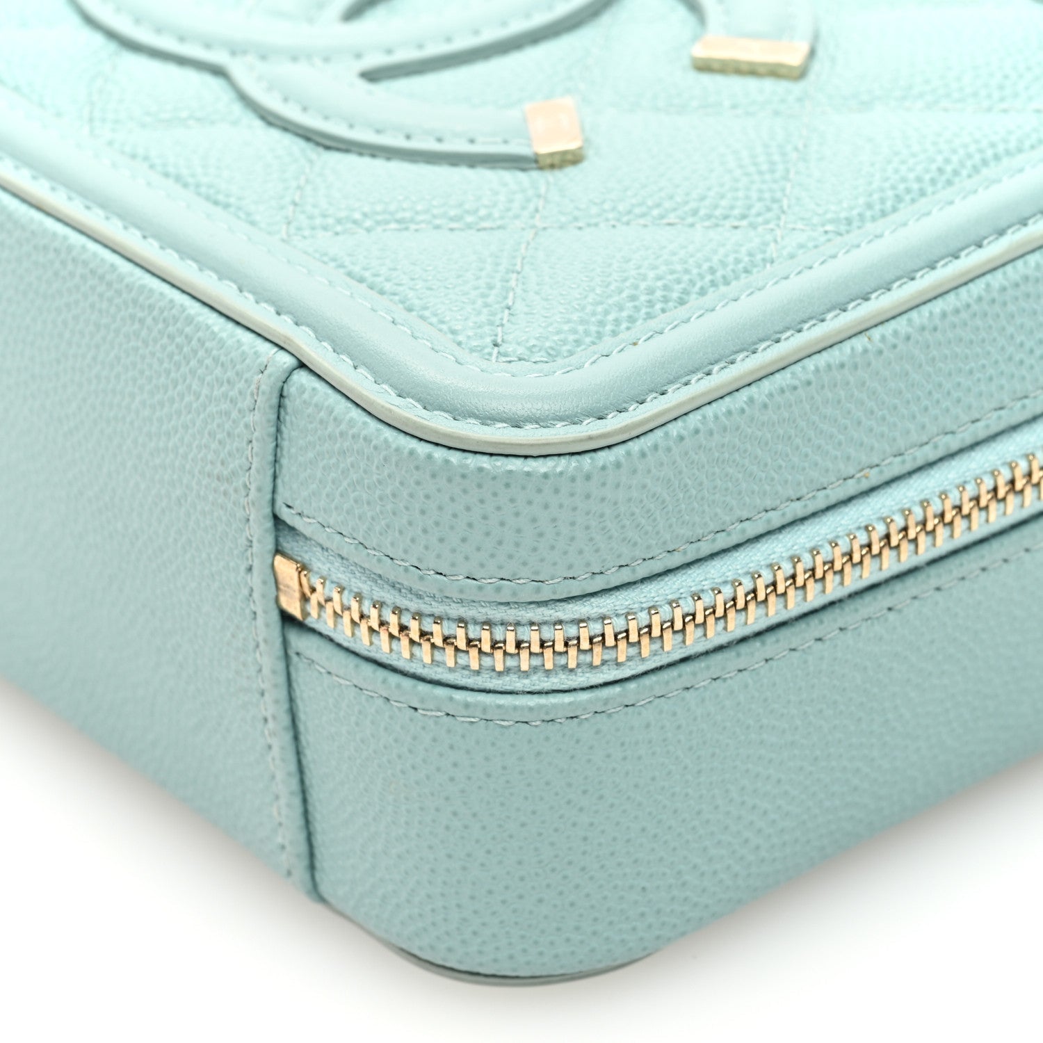 Caviar Quilted Filigree Vanity Clutch With Chain Light Blue