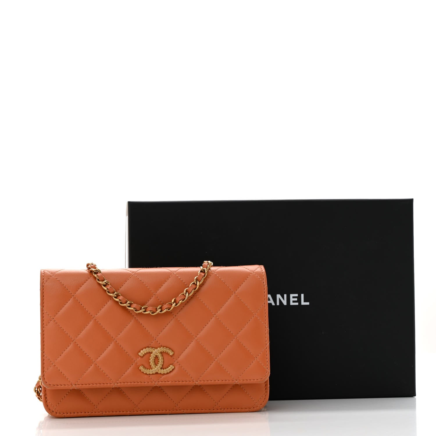 Lambskin Quilted Studded CC Wallet On Chain WOC Orange