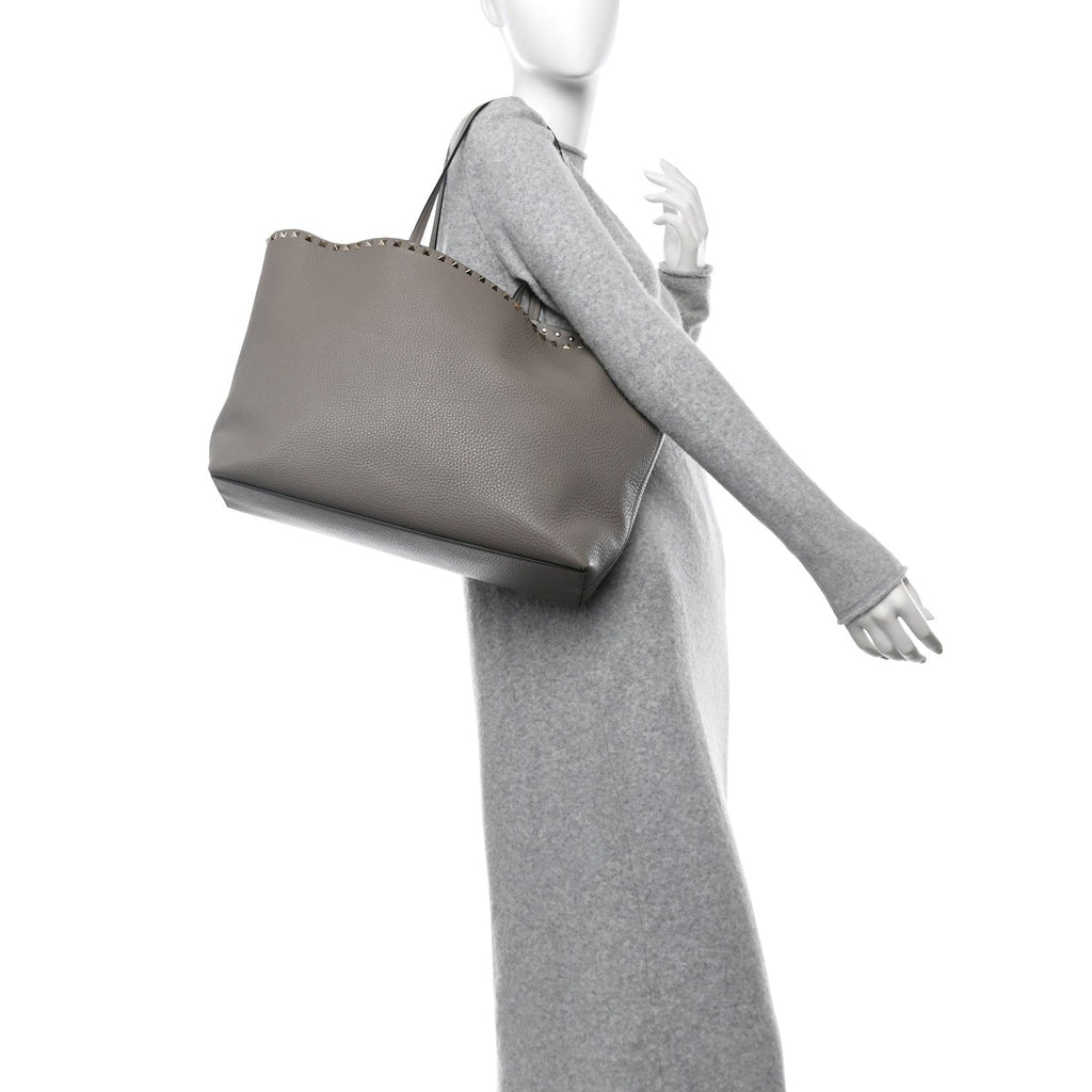 Grained Calfskin Small Rockstud Shoulder Tote Dove Gray