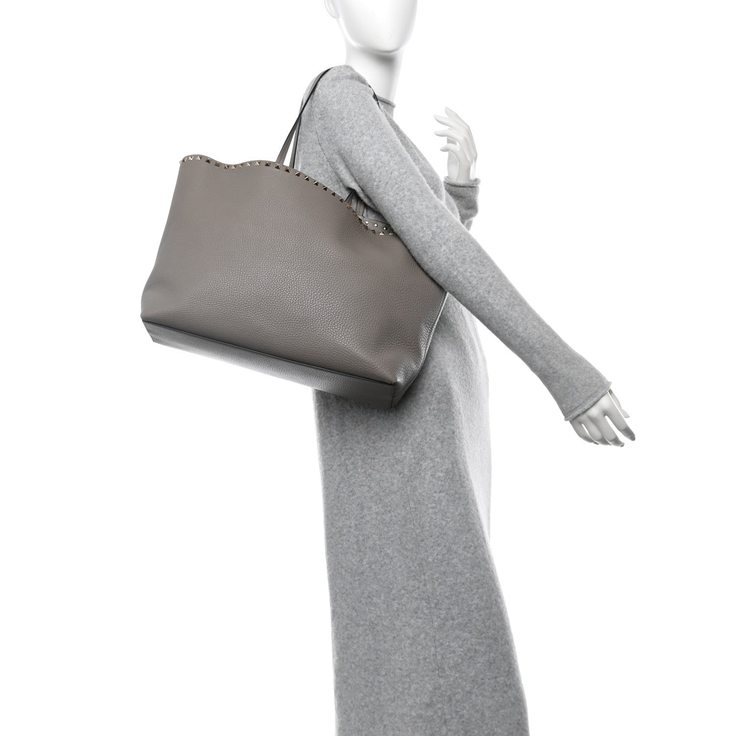 Grained Calfskin Small Rockstud Shoulder Tote Dove Gray