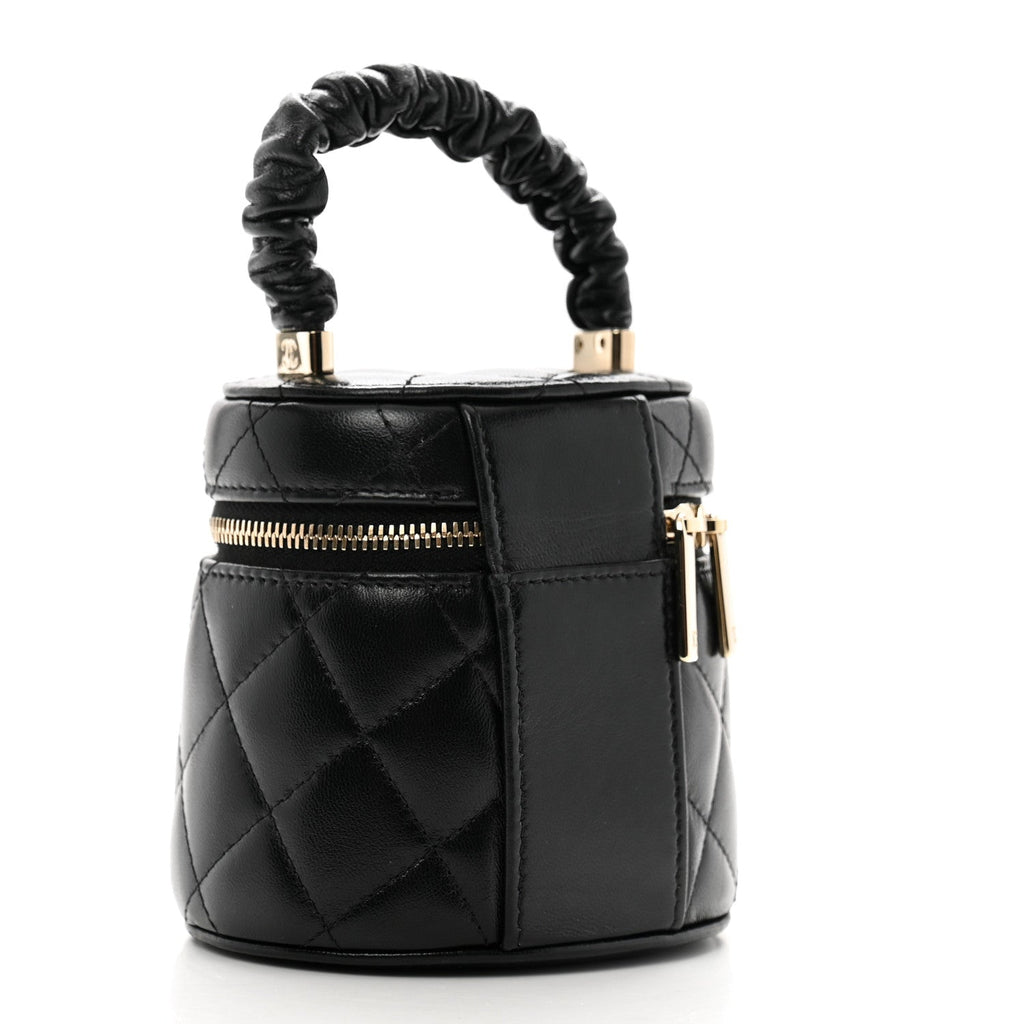 Lambskin Quilted Ruched Handle Vanity Case Black