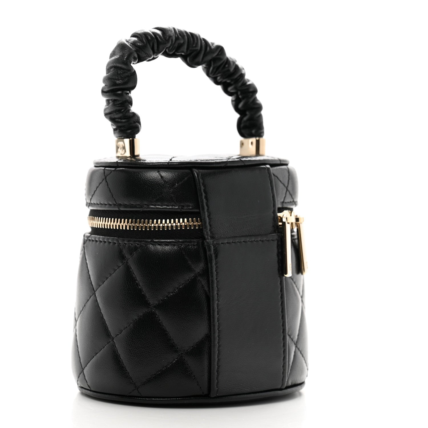 Lambskin Quilted Ruched Handle Vanity Case Black