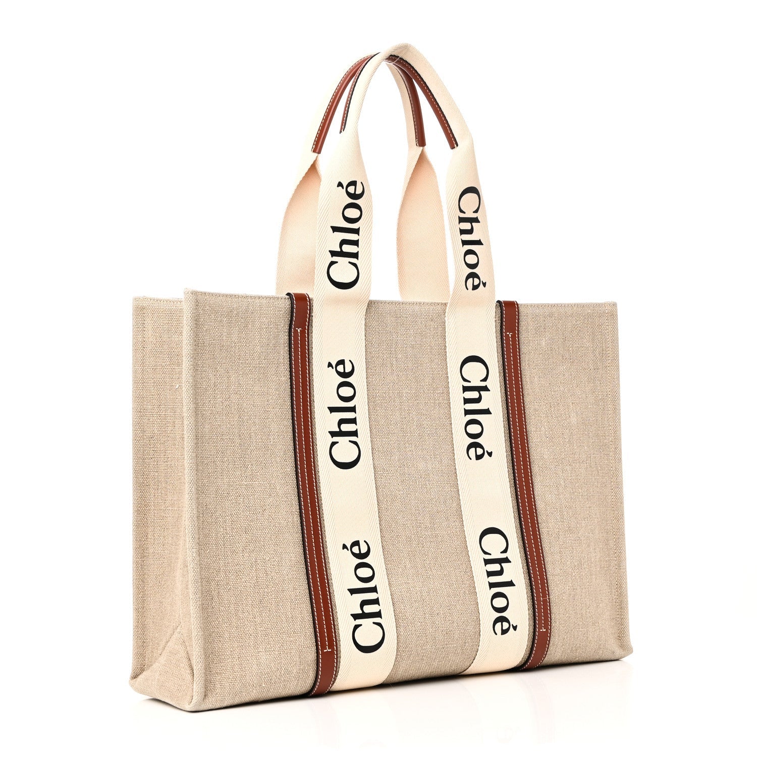 Linen Calfskin Large Woody Ribbon Tote White Brown