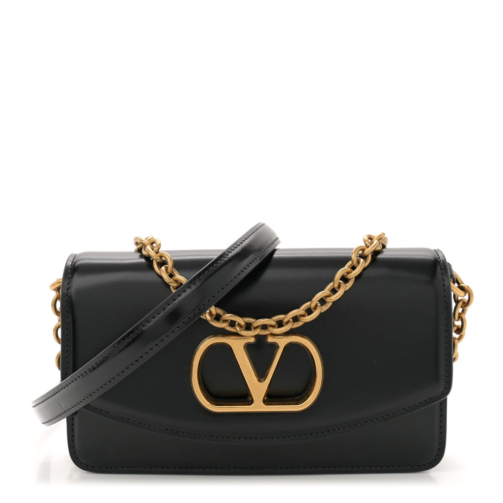 Shiny Calfskin Vlogo Small Shoulder Bag Black