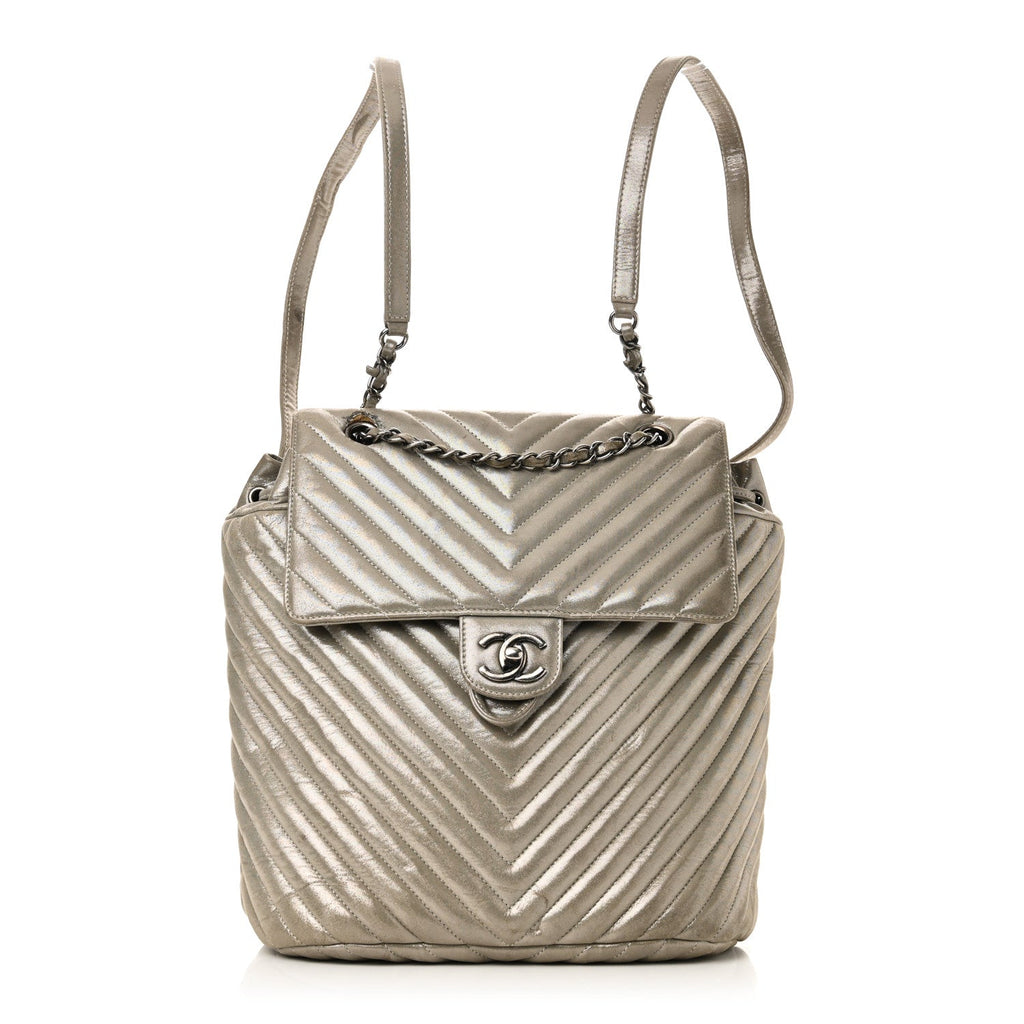 Iridescent Calfskin Chevron Quilted Large Urban Spirit Backpack Silver