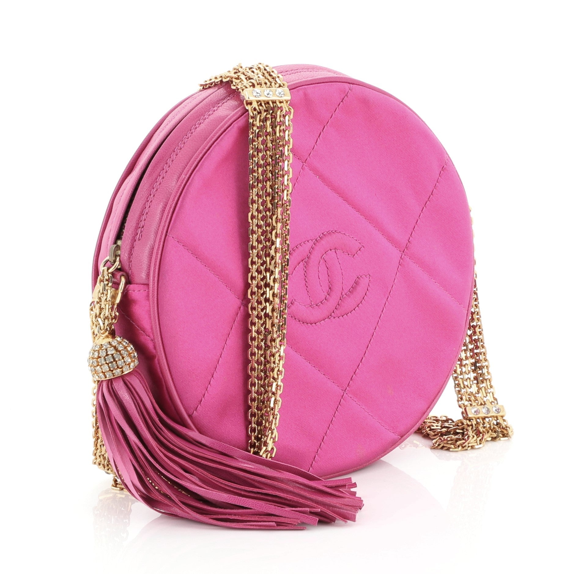 Vintage Round Tassel Crossbody Bag Quilted Satin Mini