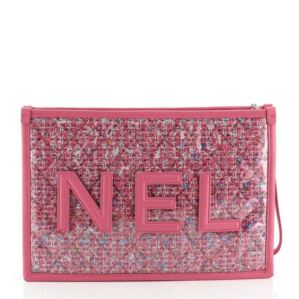 Logo Wristlet Clutch PVC Over Quilted Tweed Large