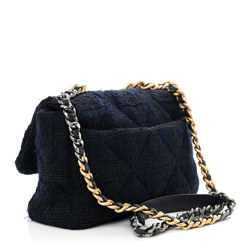 Tweed Quilted Large Chanel 19 Flap Navy Blue