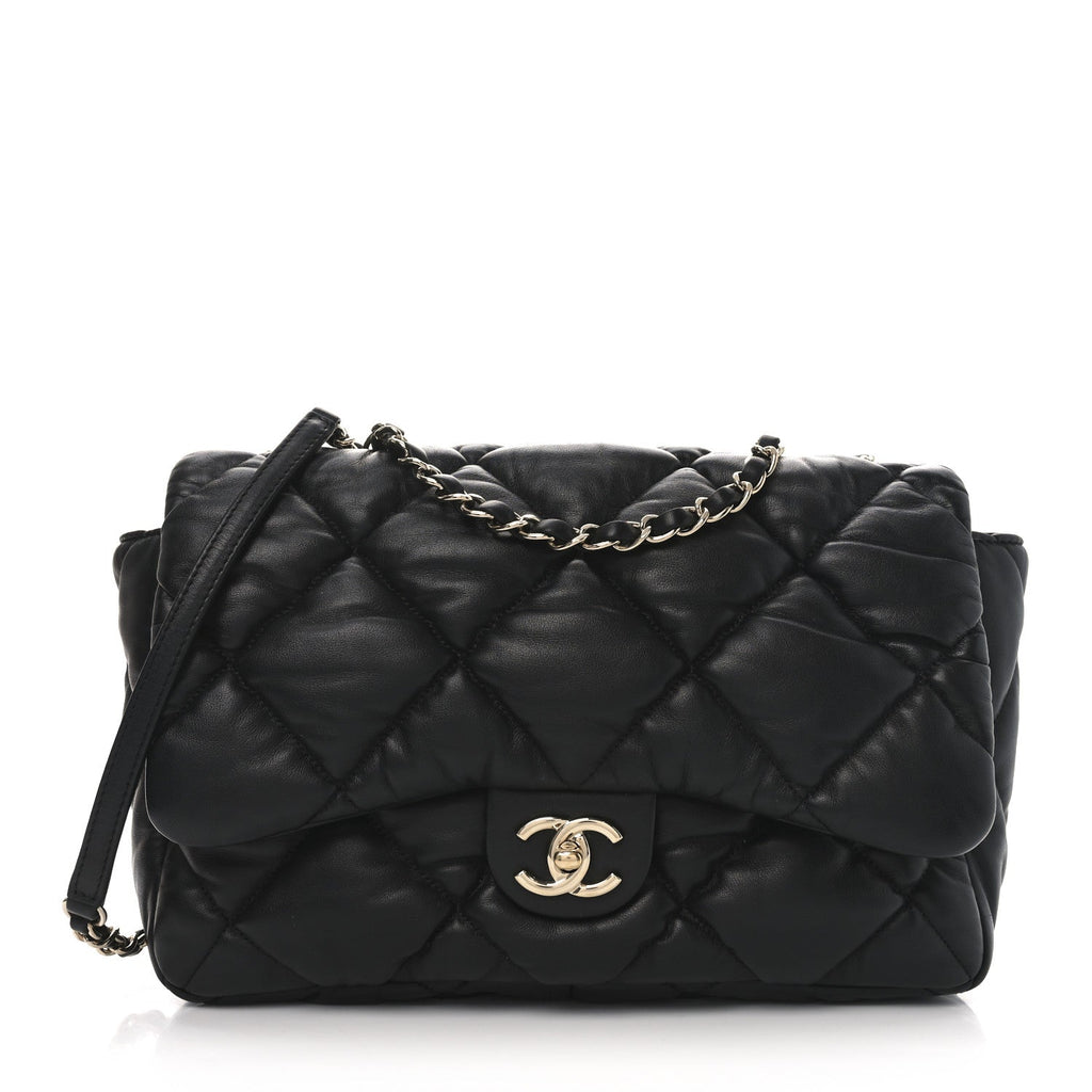 Calfskin Quilted Large Bubbly Flap Black