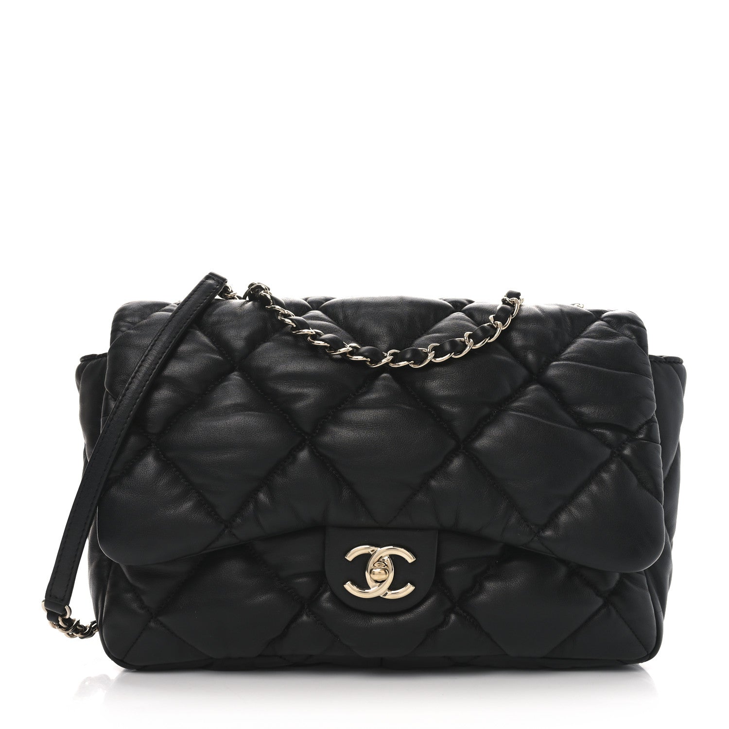 Calfskin Quilted Large Bubbly Flap Black