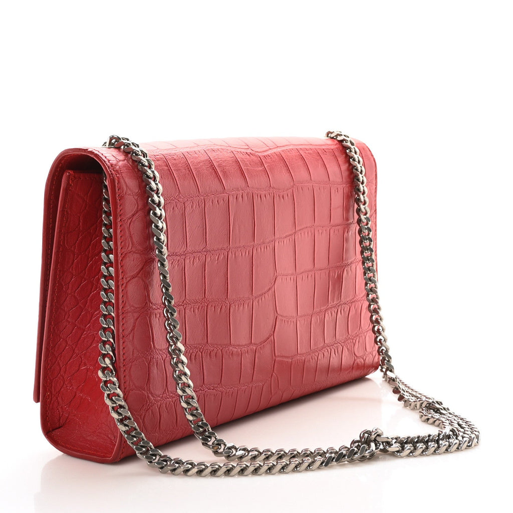 Calfskin Crocodile Embossed Medium Classic Monogram Kate Tassel Satchel New Red