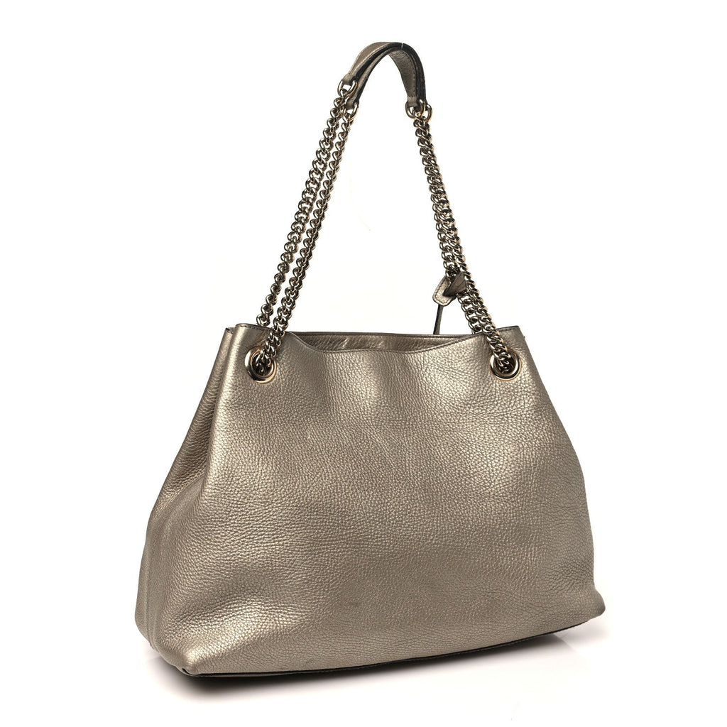 Metallic Pebbled Calfskin Medium Soho Chain Shoulder Bag Golden Beige