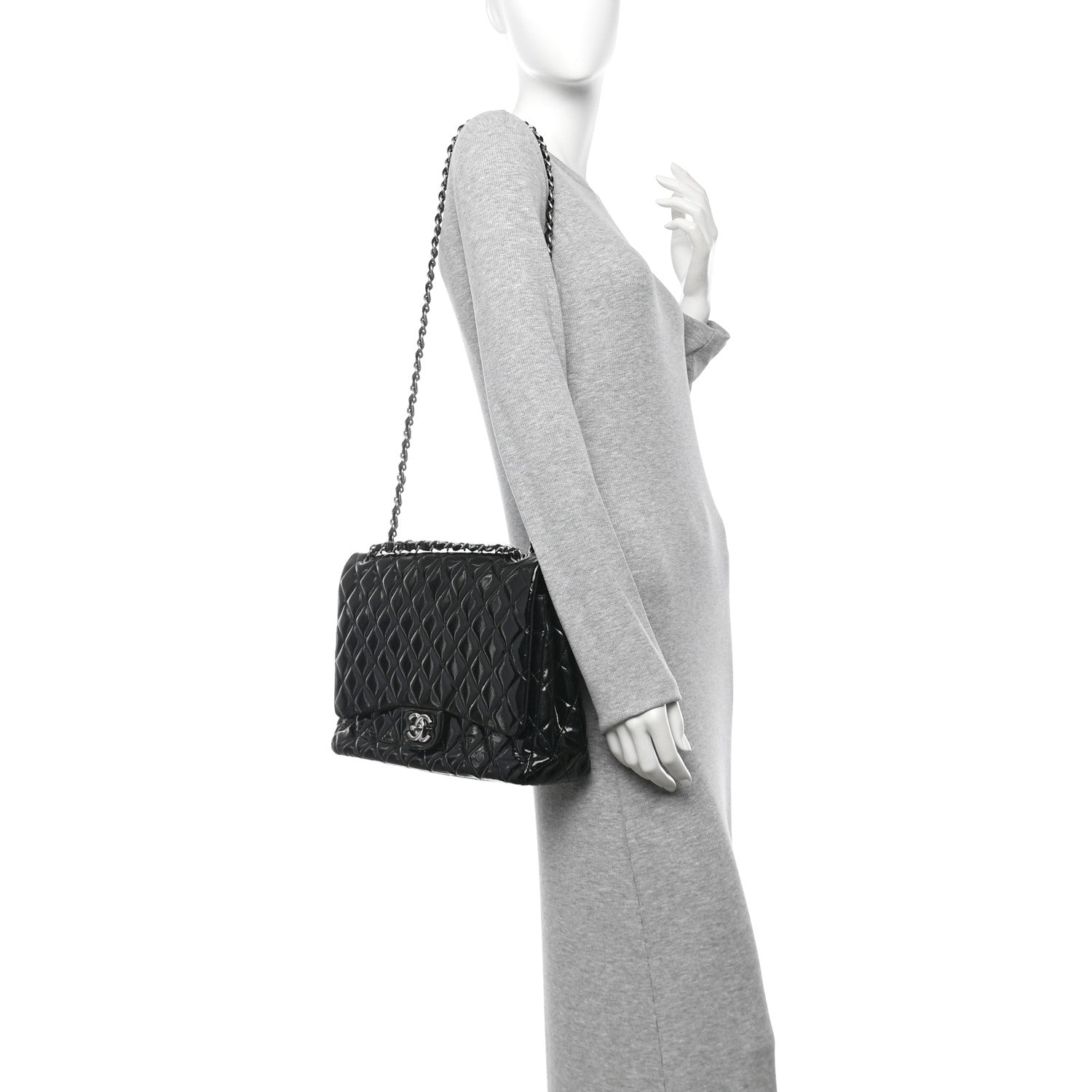 Patent Quilted Maxi Double Flap Black