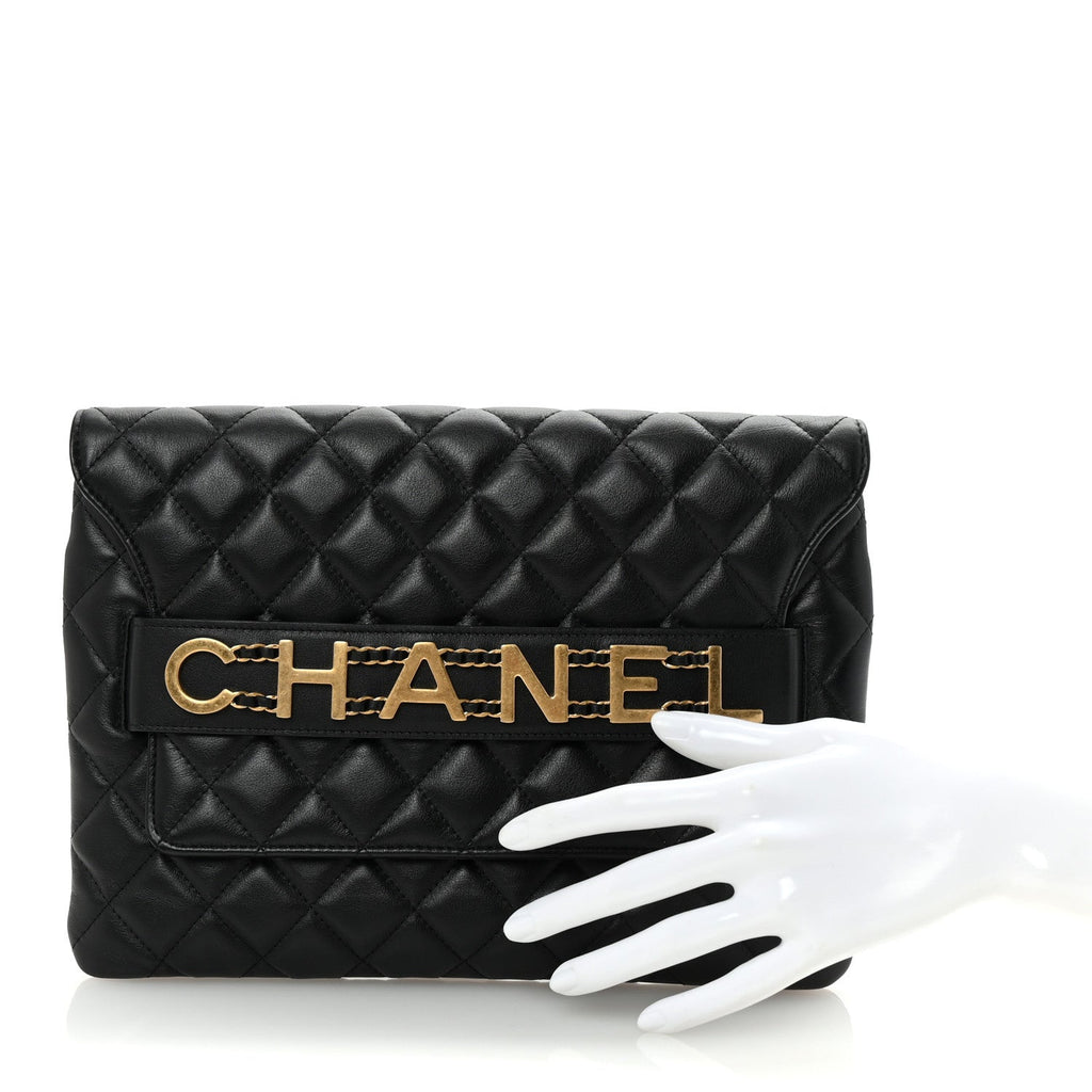 Calfskin Quilted Front Logo Enchained Black