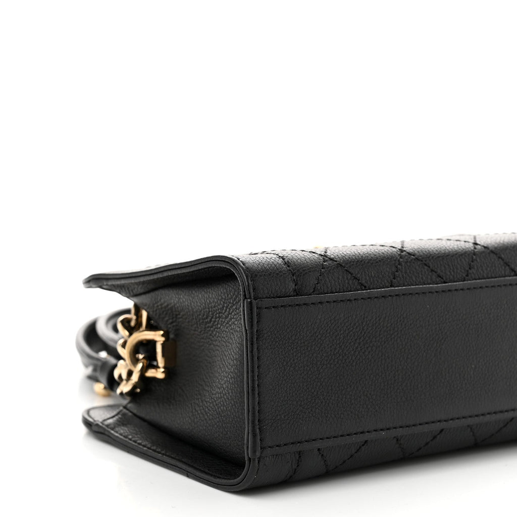 Grained Calfskin Stitched Mini Label  Shopper Black
