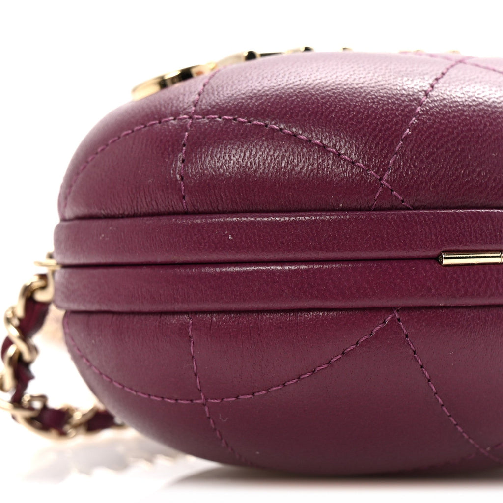 Lambskin Quilted Oval Minaudiere Chain Clutch Purple