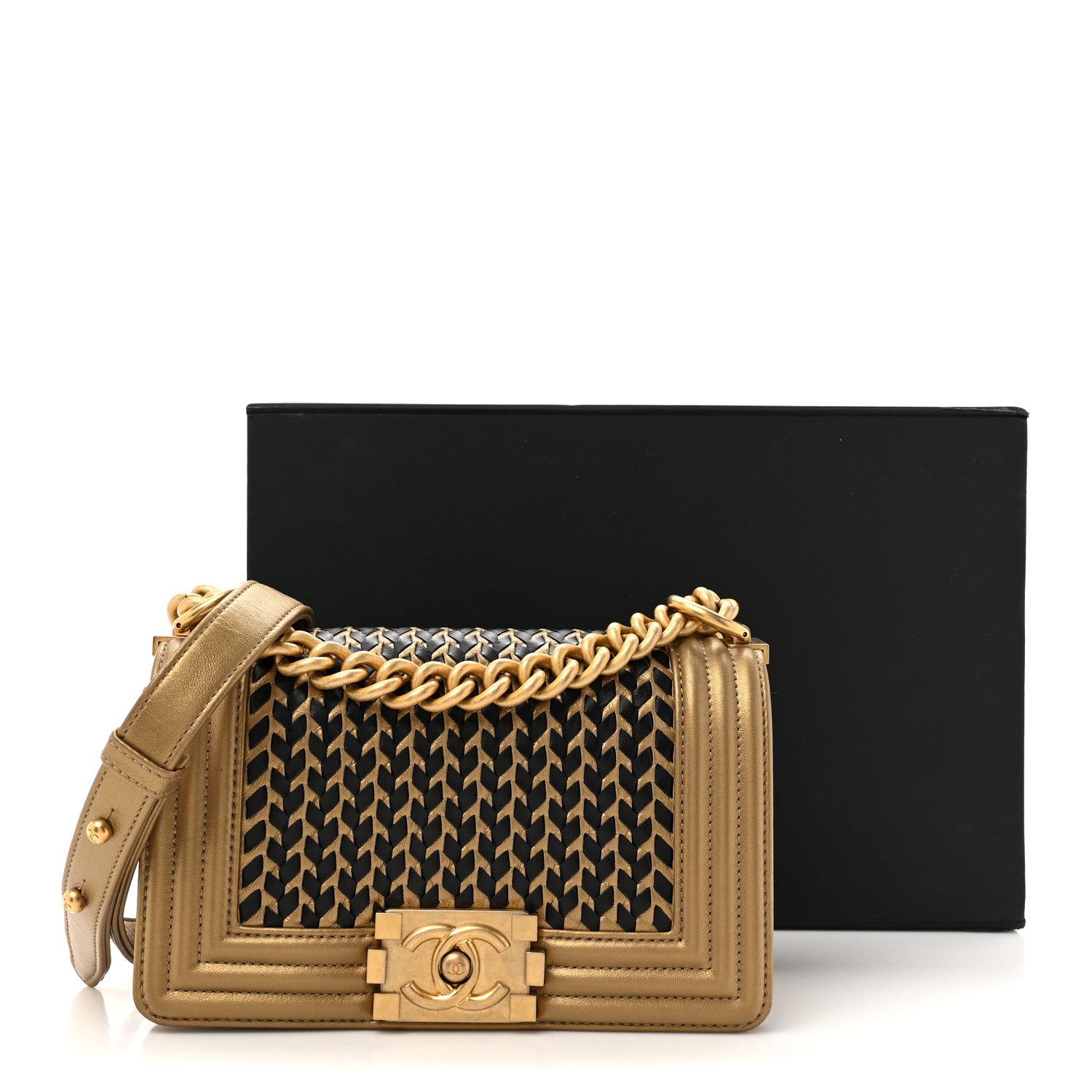 Metallic Lambskin Woven Small Boy Flap Black Gold