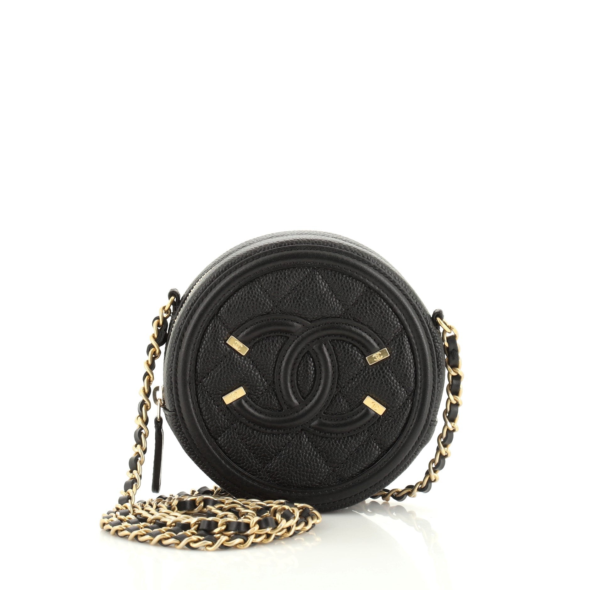 Filigree Round Clutch with Chain Quilted Caviar Mini