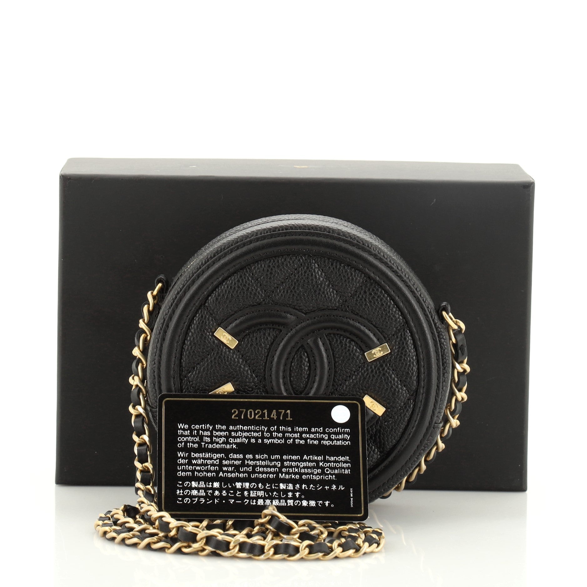 Filigree Round Clutch with Chain Quilted Caviar Mini