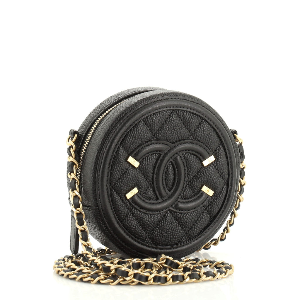 Filigree Round Clutch with Chain Quilted Caviar Mini