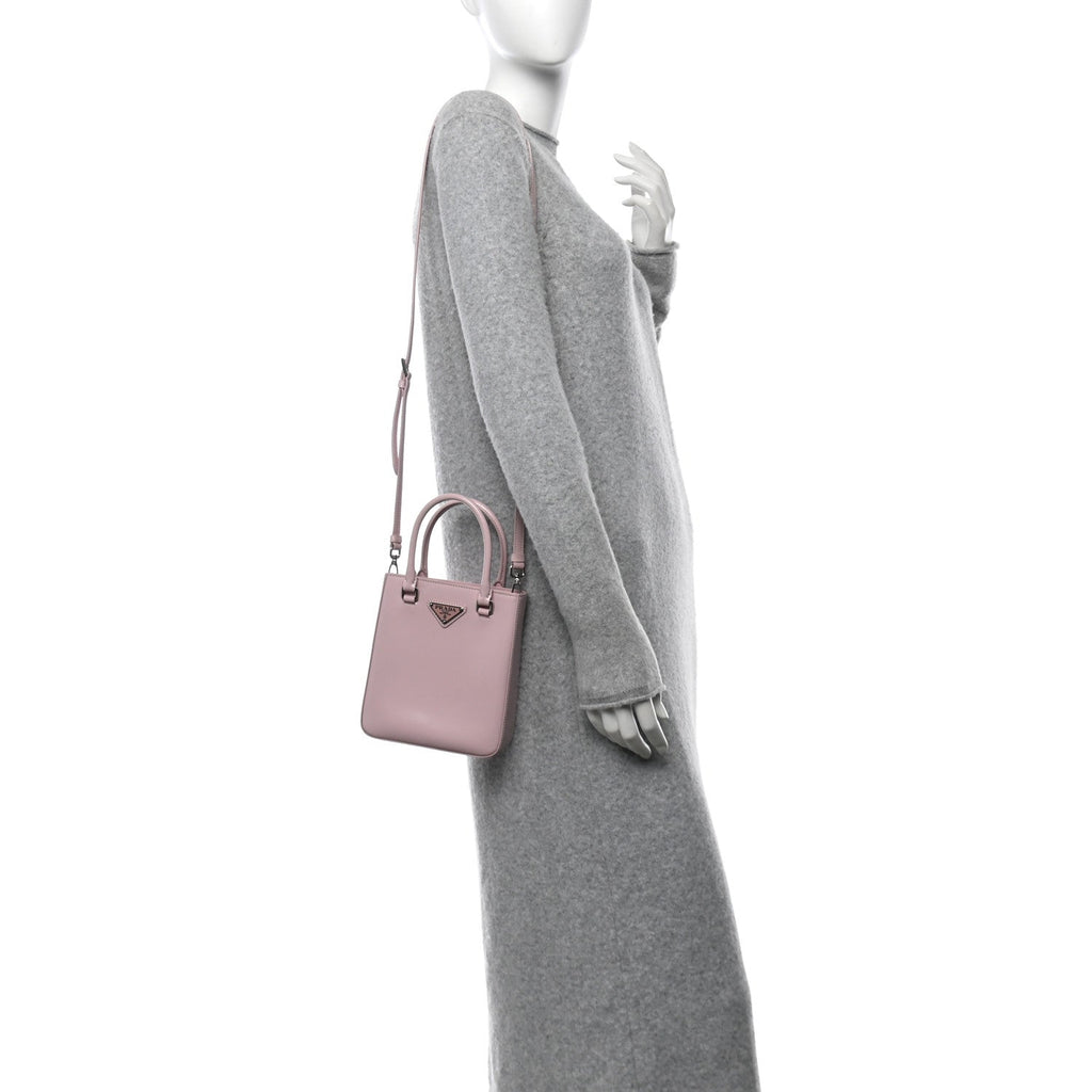 Spazzolato Metal Triangle Logo Small Double Handle Crossbody Tote Alabastro