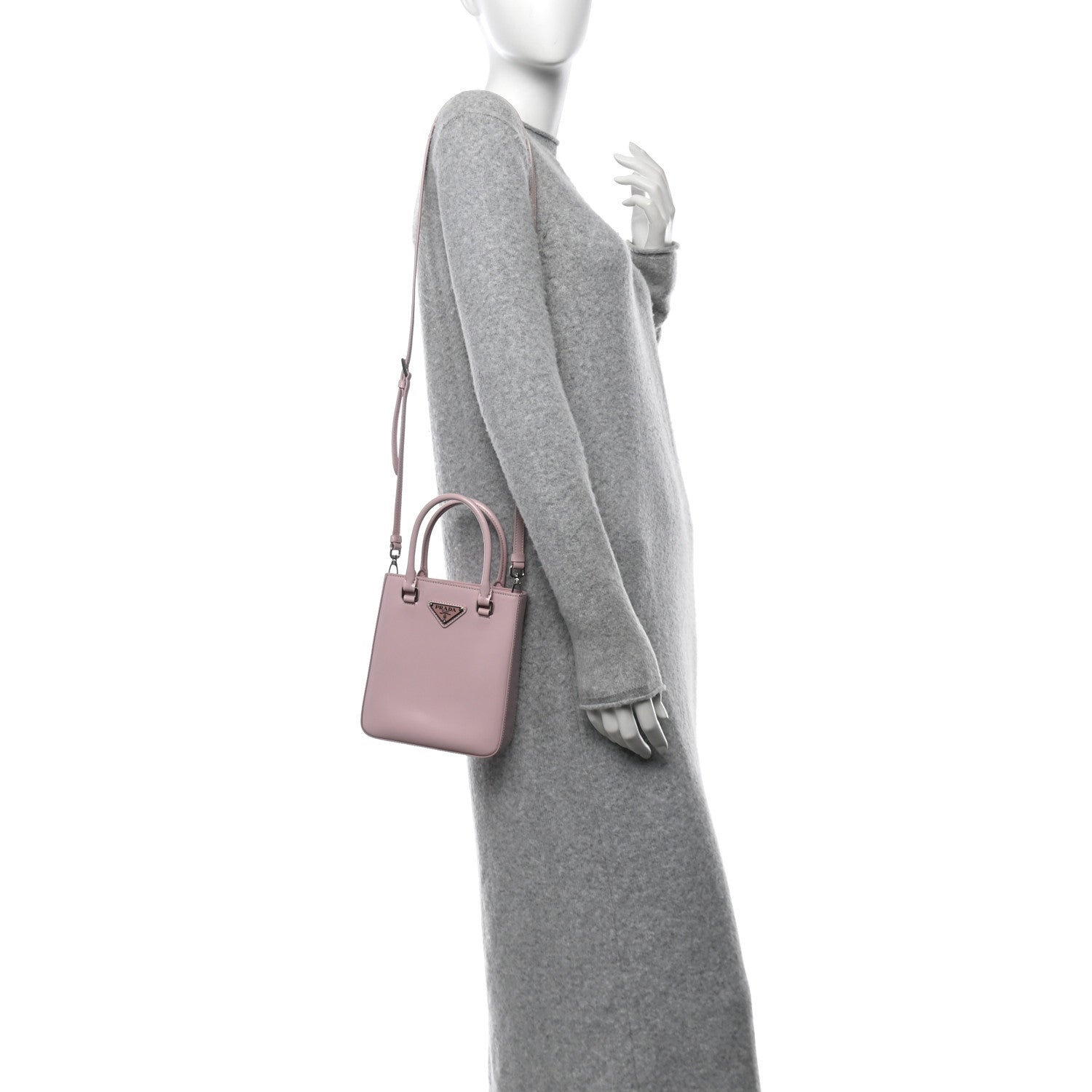 Spazzolato Metal Triangle Logo Small Double Handle Crossbody Tote Alabastro
