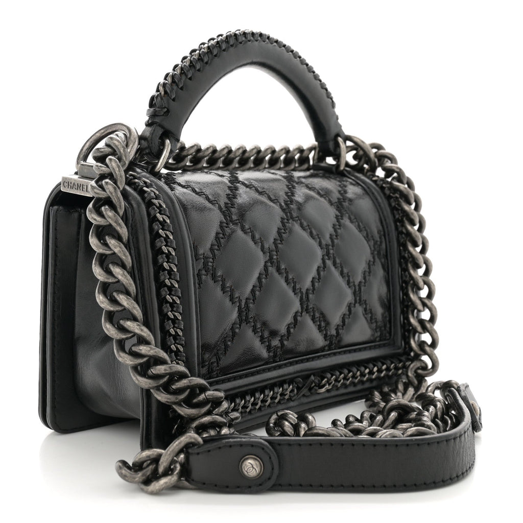 Goatskin Quilted Small Boy Top Handle Flap Black