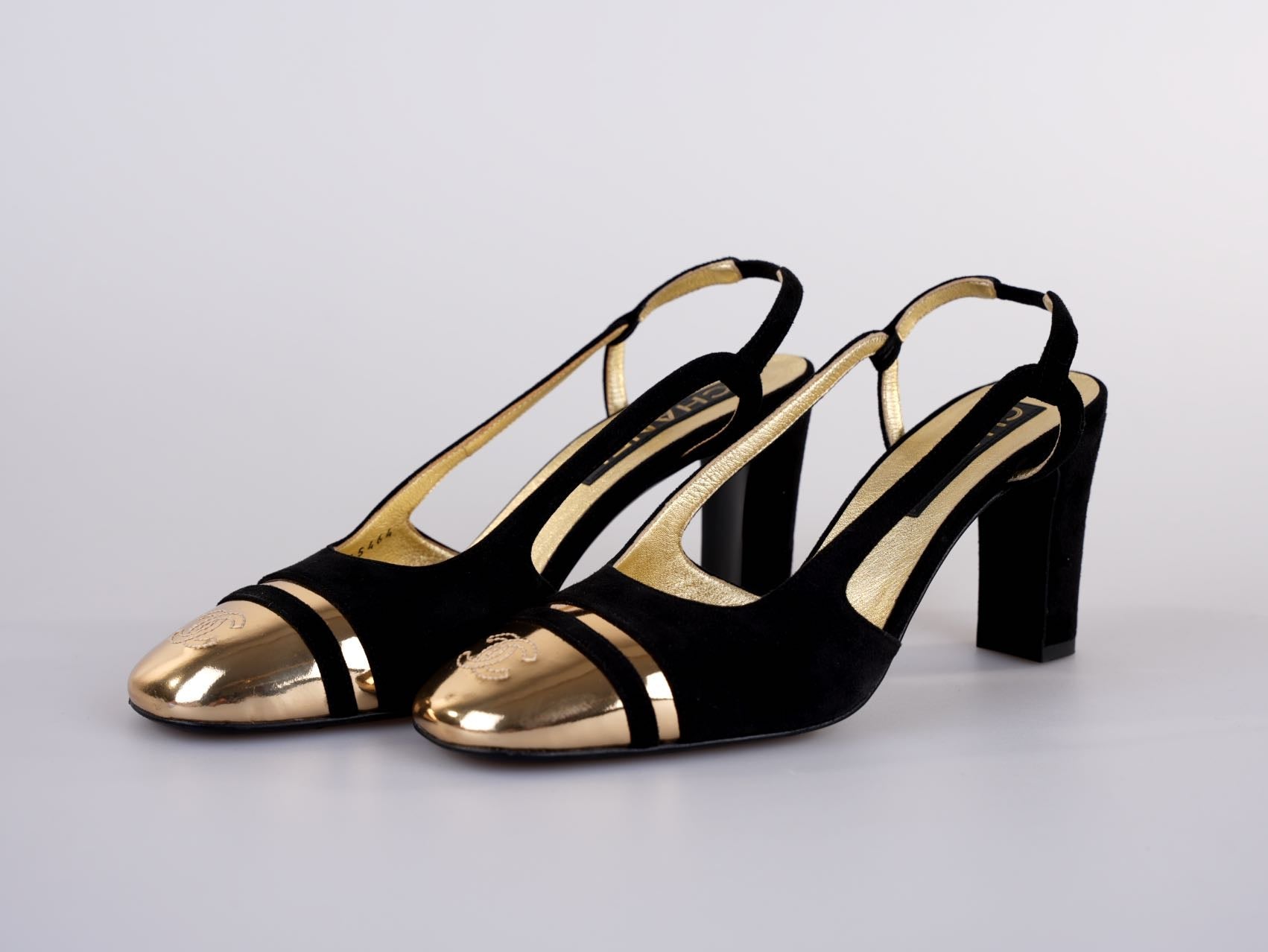 Chanel CC Slingback Heels Black Gold Size 37.5 EU