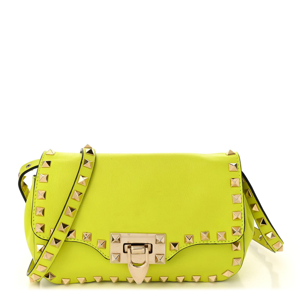 Vitello Mini Rockstud Flip Lock Crossbody Bag Yellow Fluo