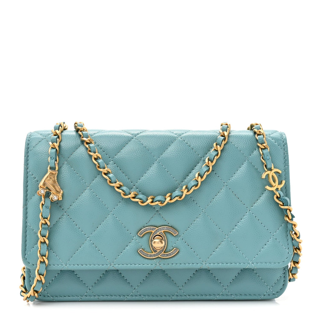 Caviar Quilted Glitter CC Roller Skate Wallet on Chain WOC Light Blue