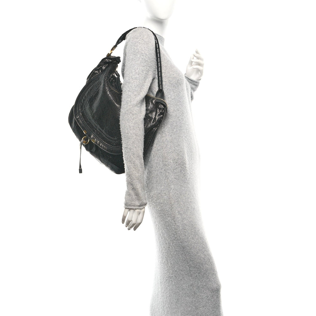 Snakeskin Large Marcie Hobo Black
