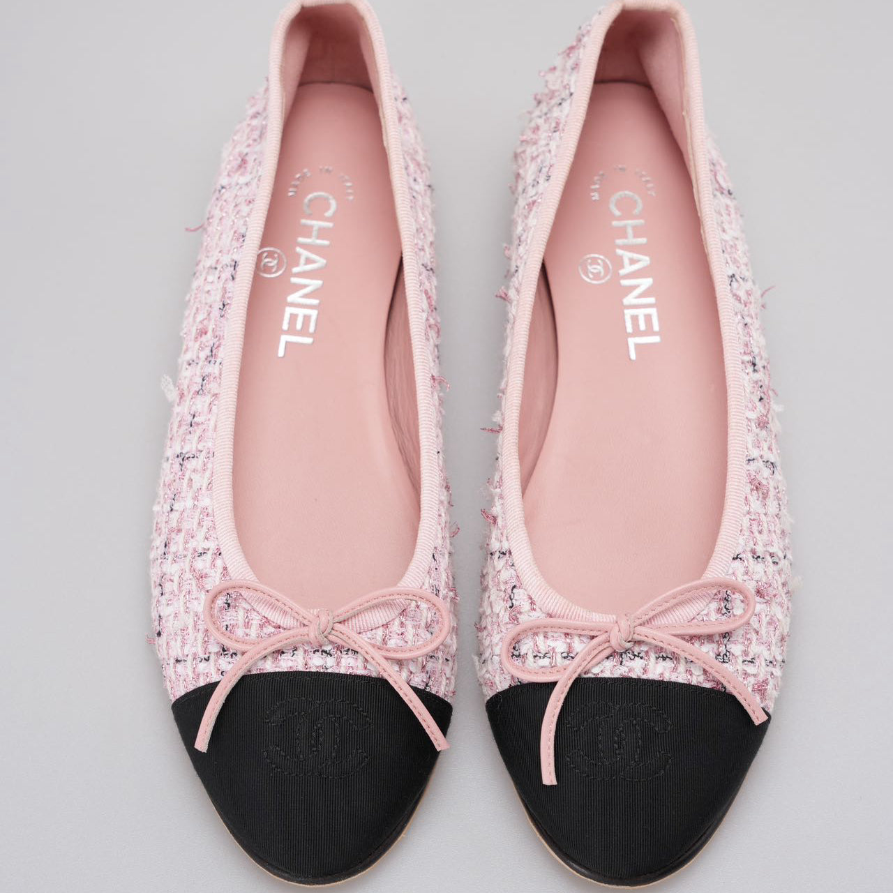 Chanel Pink Tweed Ballerina Flats with Black Cap Toe Size 37.5