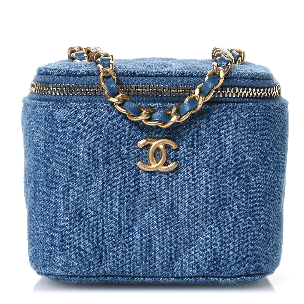 Denim Quilted Mini Pearl Crush Vanity Case With Chain