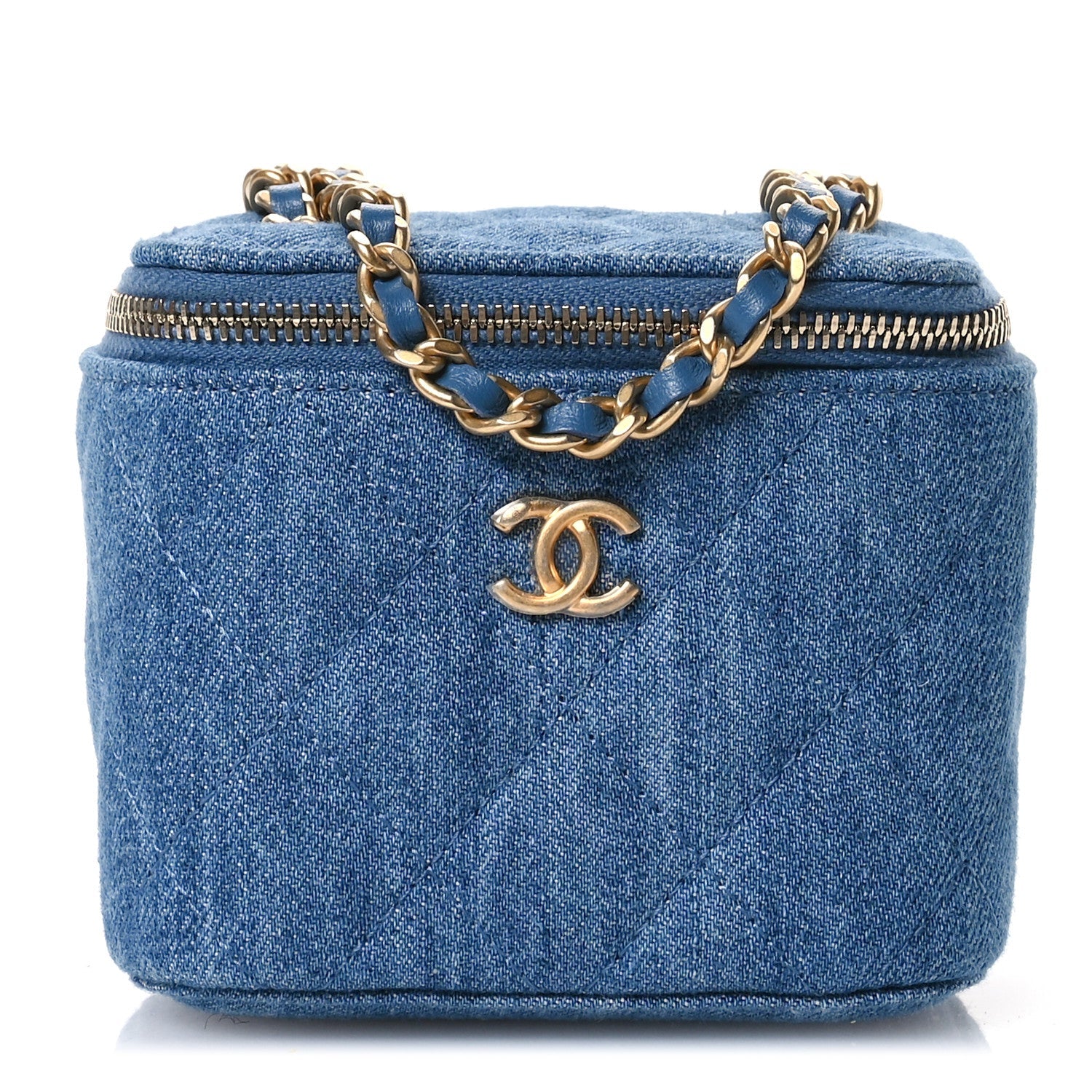Denim Quilted Mini Pearl Crush Vanity Case With Chain