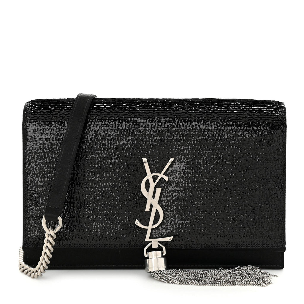Satin Sequins Classic Monogram Kate Tassel Chain Wallet Black